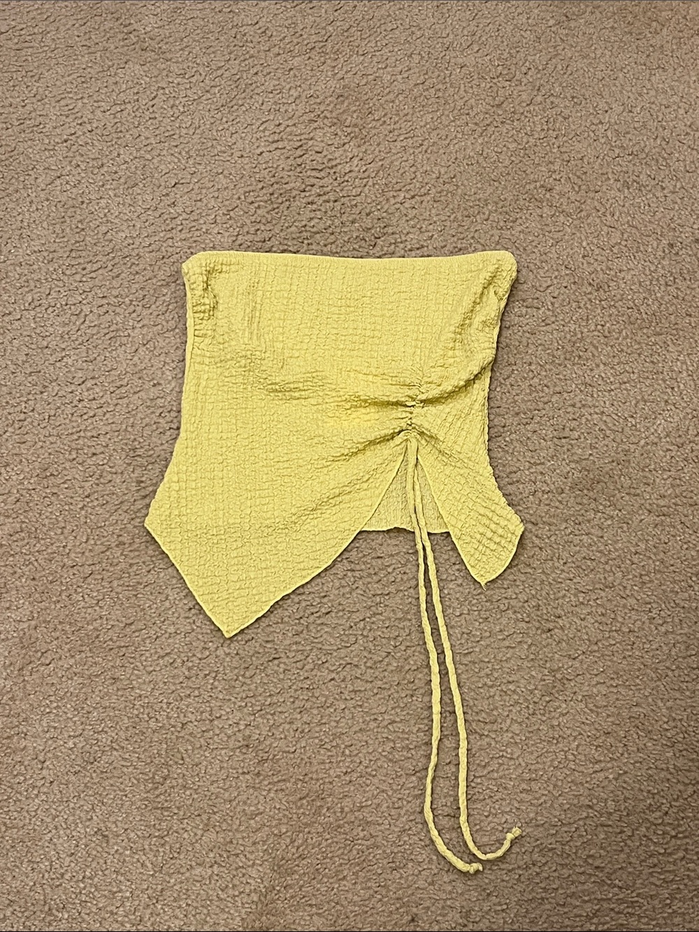 See You Monday Yellow Ruched Strapless Drawstring Crop Top